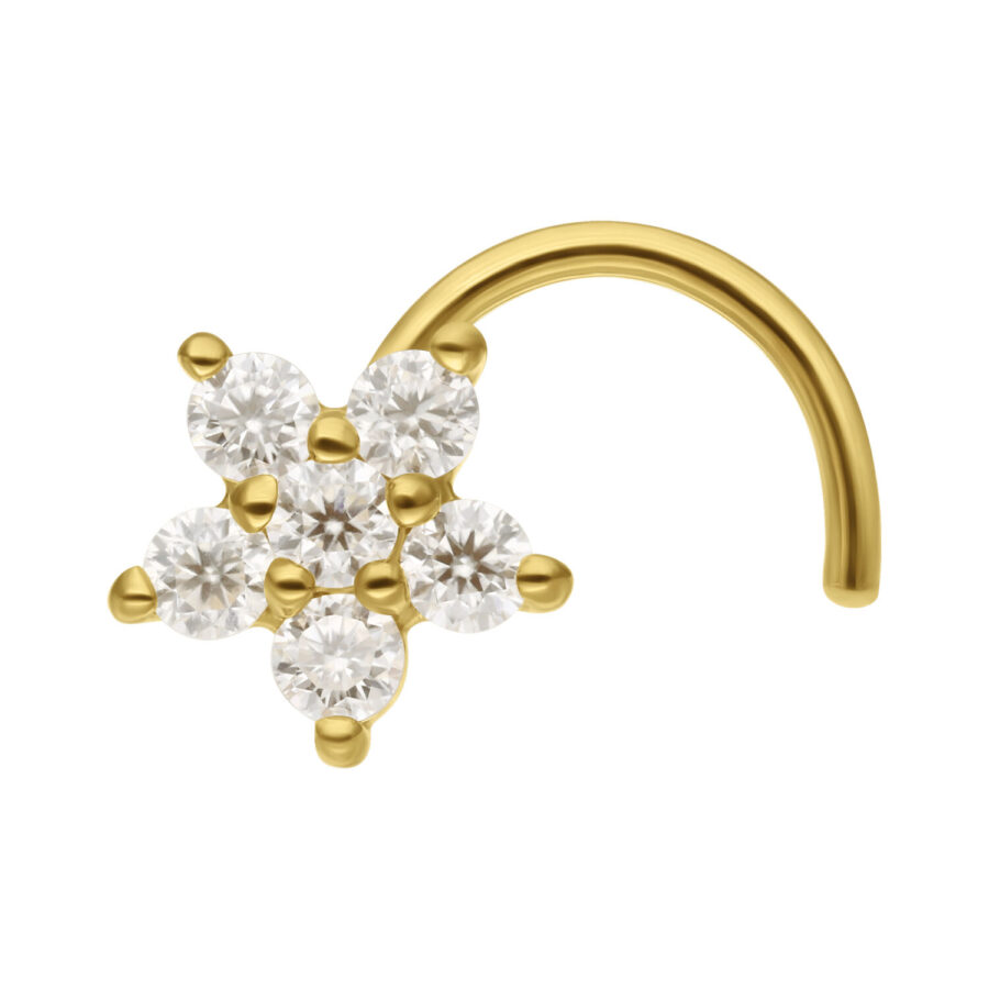 Piercing nasale in oro con design a fiore di moissanite su sfondo bianco