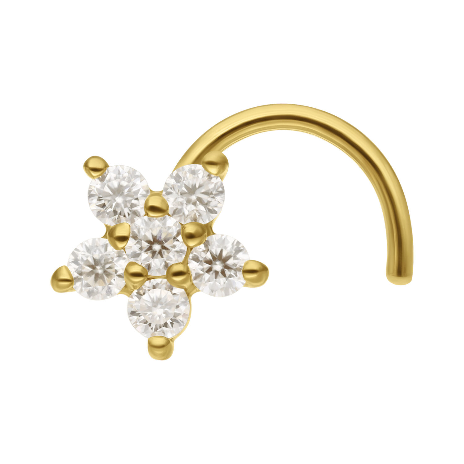 Piercing nasale in oro con design a fiore di moissanite su sfondo bianco