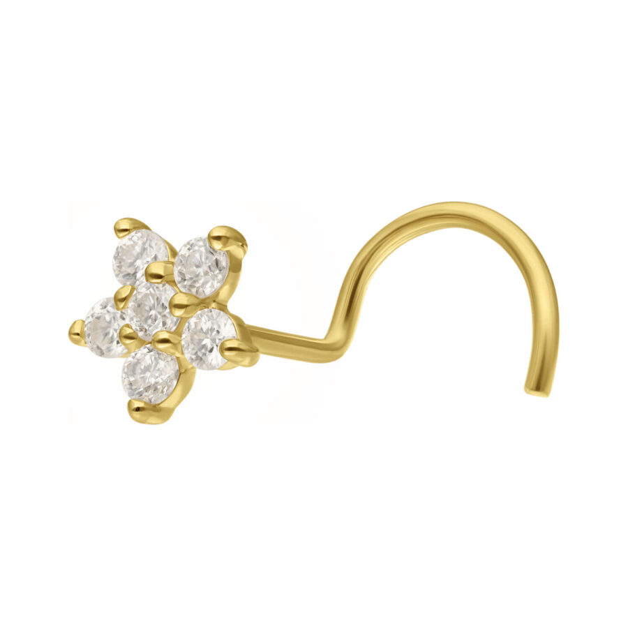 Piercing al naso dorato con design a cristallo a forma di fiore su sfondo bianco