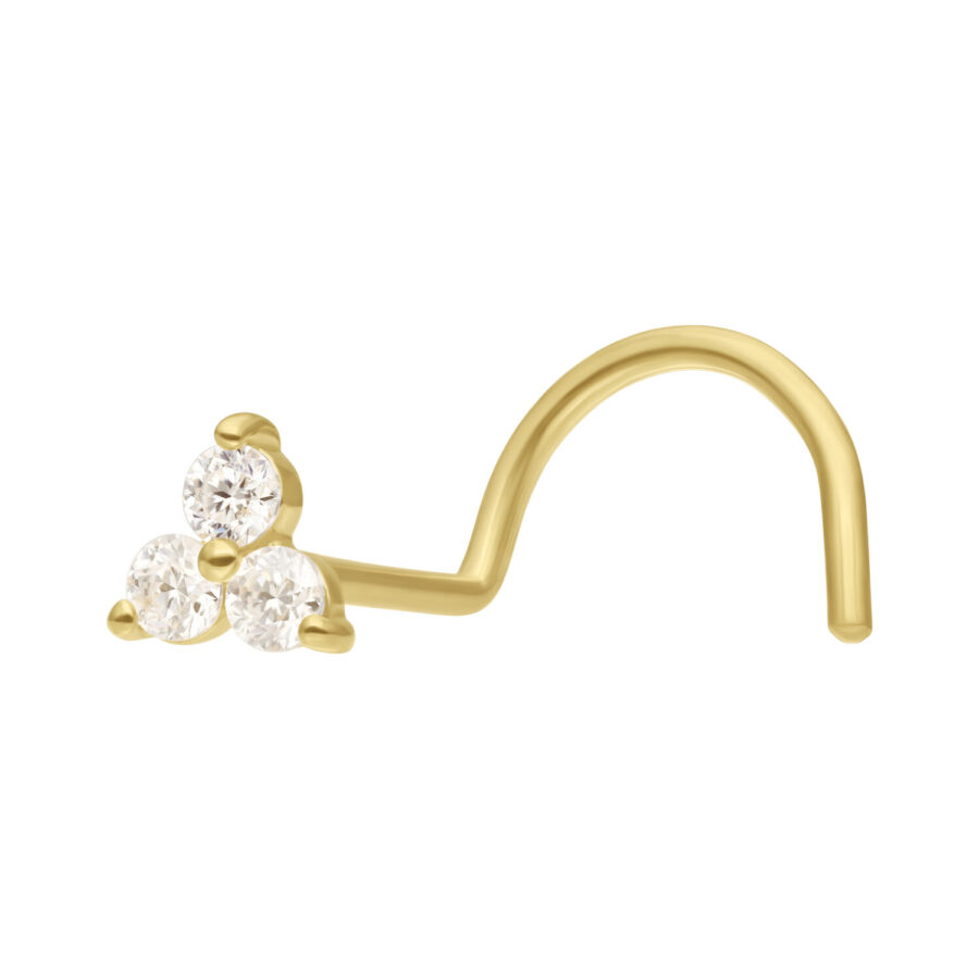 Piercing al naso in oro con tre pietre di moissanite chiare su sfondo bianco