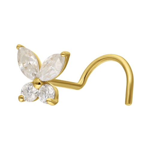 Piercing al naso in oro 14K a forma di farfalla con cristalli di moissanite chiari su sfondo bianco