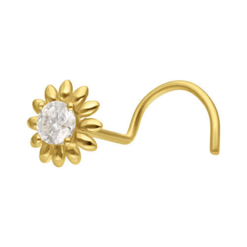 Piercing al naso dorato con design a girasole e moissanite chiaro su sfondo bianco