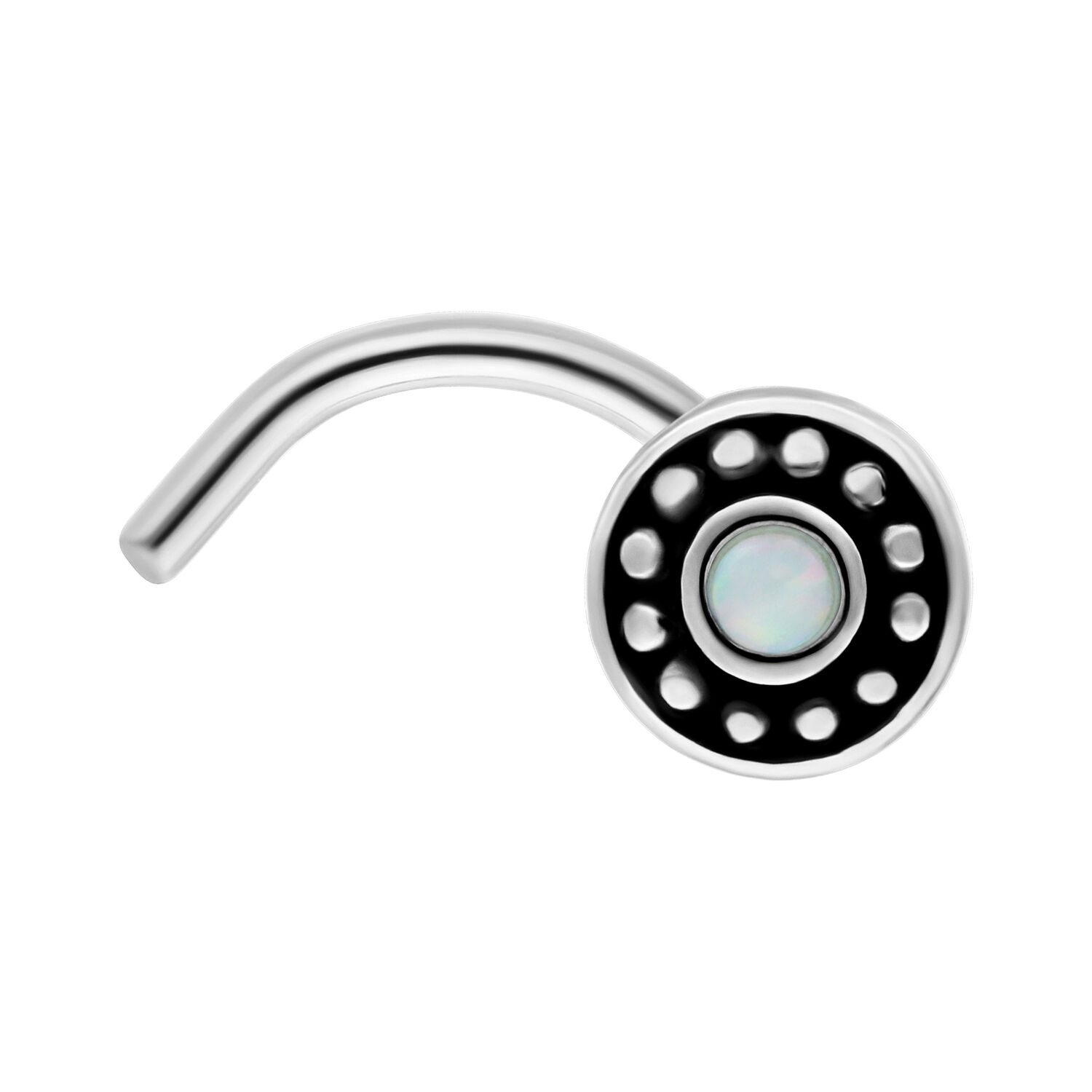 Piercing al naso in acciaio chirurgico con opale bianco Piercing al naso in acciaio chirurgico con opale bianco sintetico, forma curva