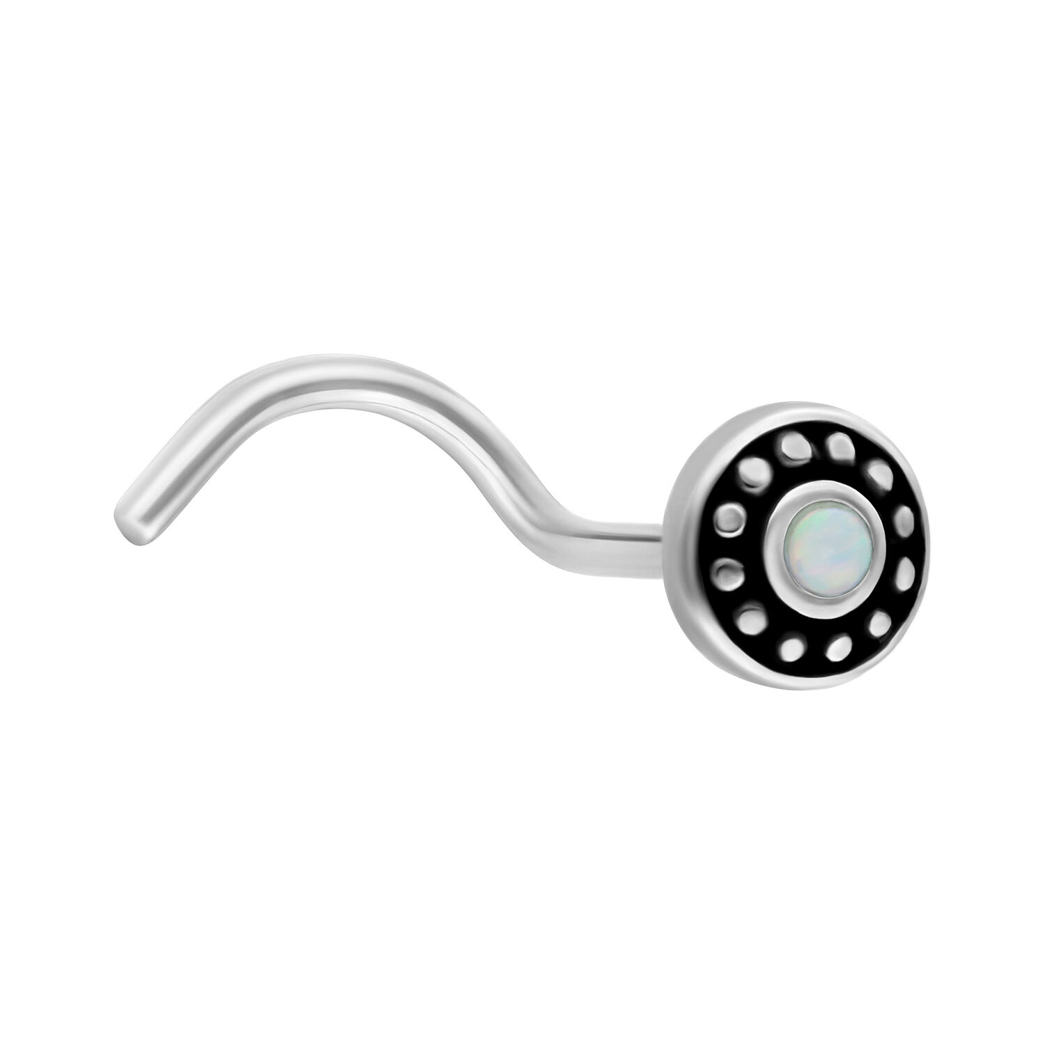 Piercing al naso con opale bianco e acciaio chirurgico Piercing al naso Magi in acciaio chirurgico con opale bianco su sfondo bianco