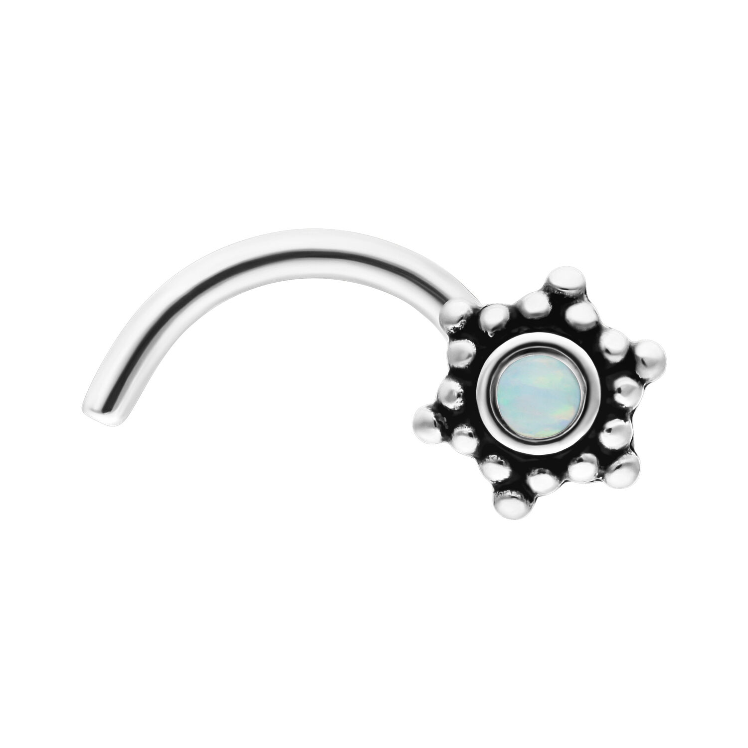Piercing nasale in argento con opale bianco Piercing nasale in argento in acciaio chirurgico con opale bianco su sfondo bianco