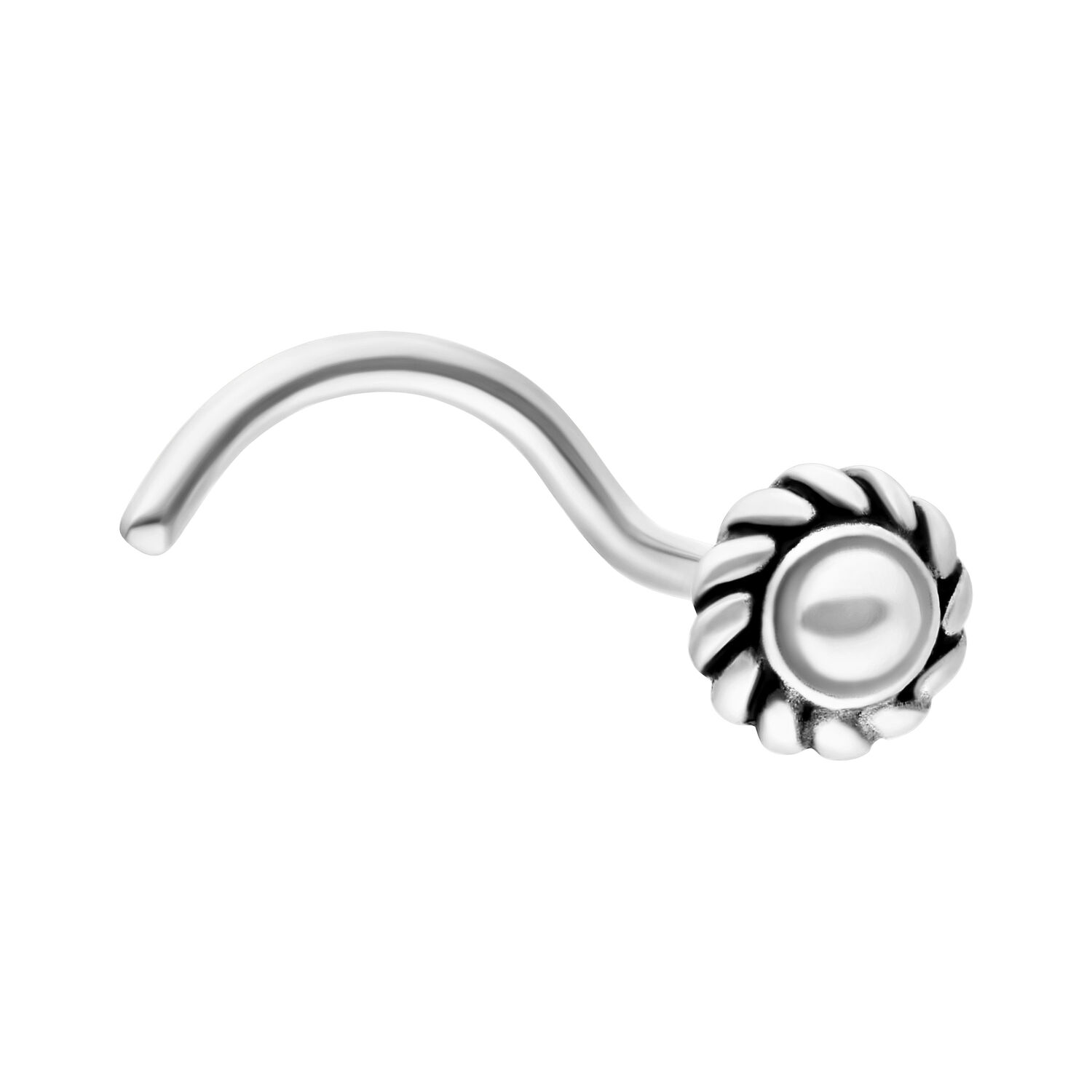 Piercing al naso a mulinello in argento in acciaio chirurgico Piercing al naso in argento con design a mulinello su sfondo bianco