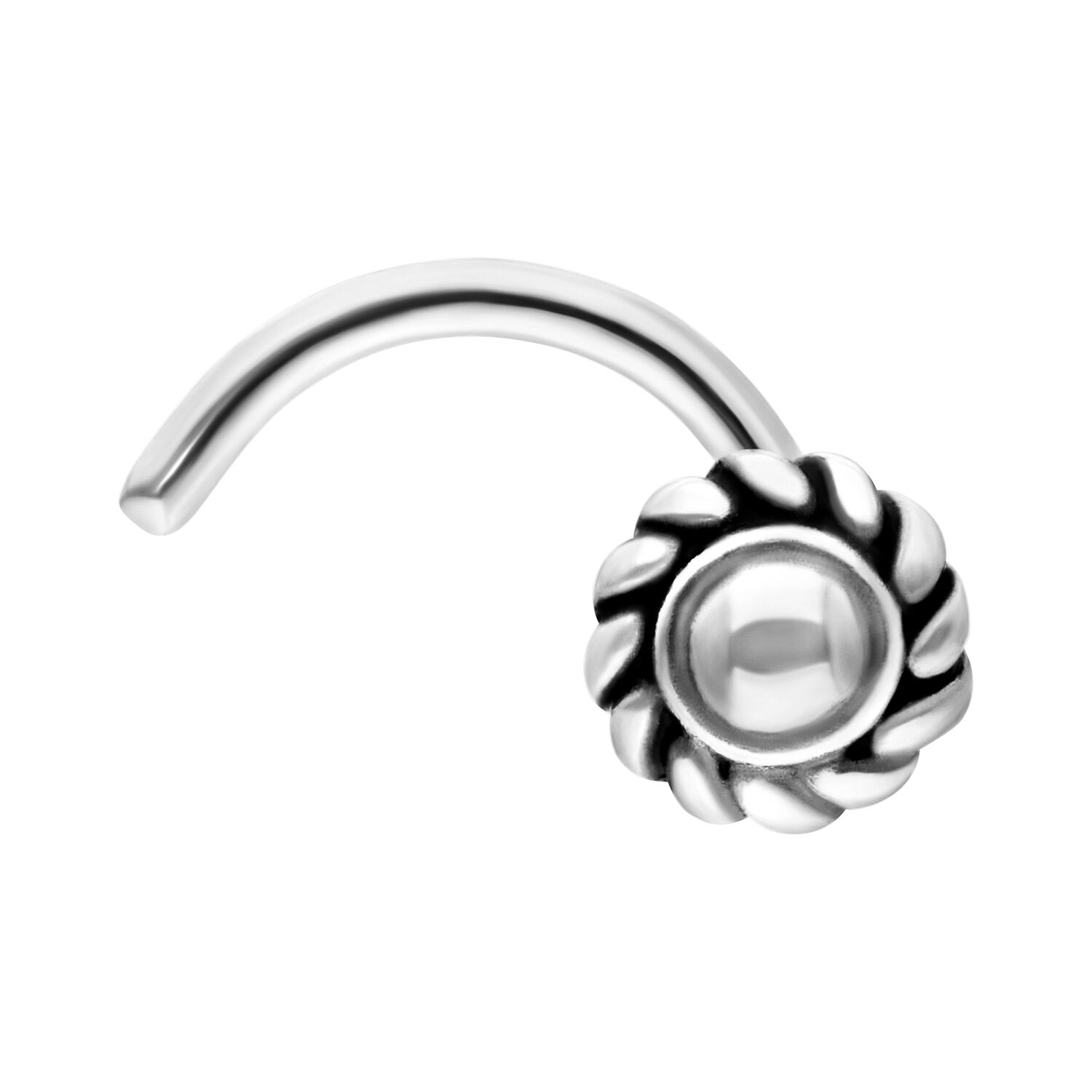 Piercing al naso in acciaio con pinwheel argento Piercing al naso argento con design pinwheel su sfondo bianco