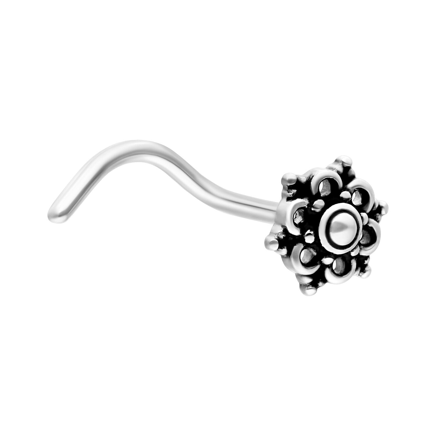 Piercing naso Mandala argento in acciaio chirurgico Piercing naso argento con design Mandala, in acciaio chirurgico 316L, su sfondo bianco