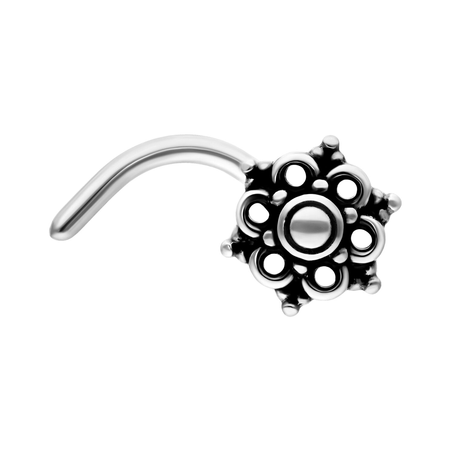 Piercing nasale Mandala in argento in acciaio chirurgico Piercing nasale in argento a forma di Mandala in acciaio chirurgico 316L, su sfondo bianco