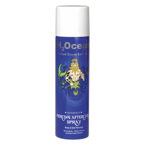 Spray blu per la cura dei piercing con logo H2Ocean su sfondo bianco