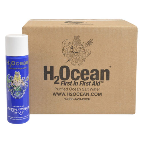 Spray per la Cura del Piercing H2Ocean 120 ml davanti a una scatola marrone