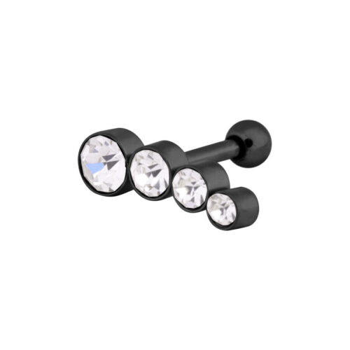 Piercing Barbell nero con quattro pietre rotonde e cristalline su sfondo bianco