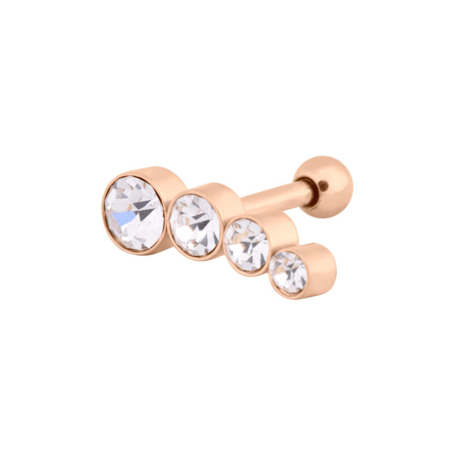 Barbell per orecchio con quattro pietre rotonde cristalline, oro rosa, sfondo studio