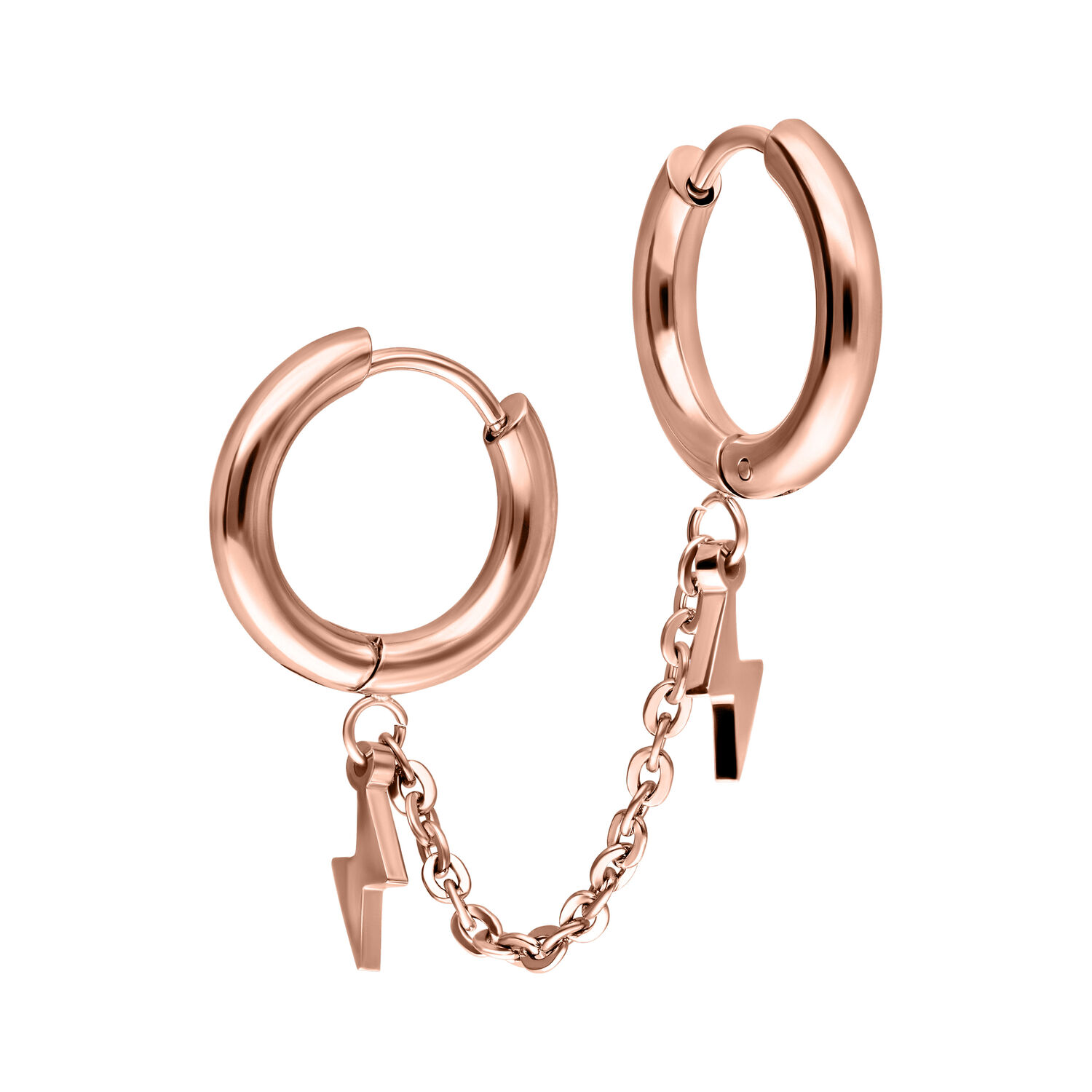 Orecchini Double Huggie in oro rosa con ciondoli a fulmine su sfondo bianco