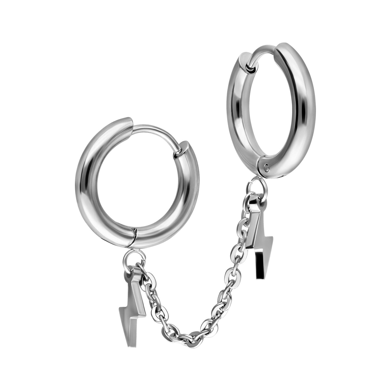 Orecchini Double Huggie Argento in acciaio chirurgico con ciondoli a fulmine su sfondo bianco