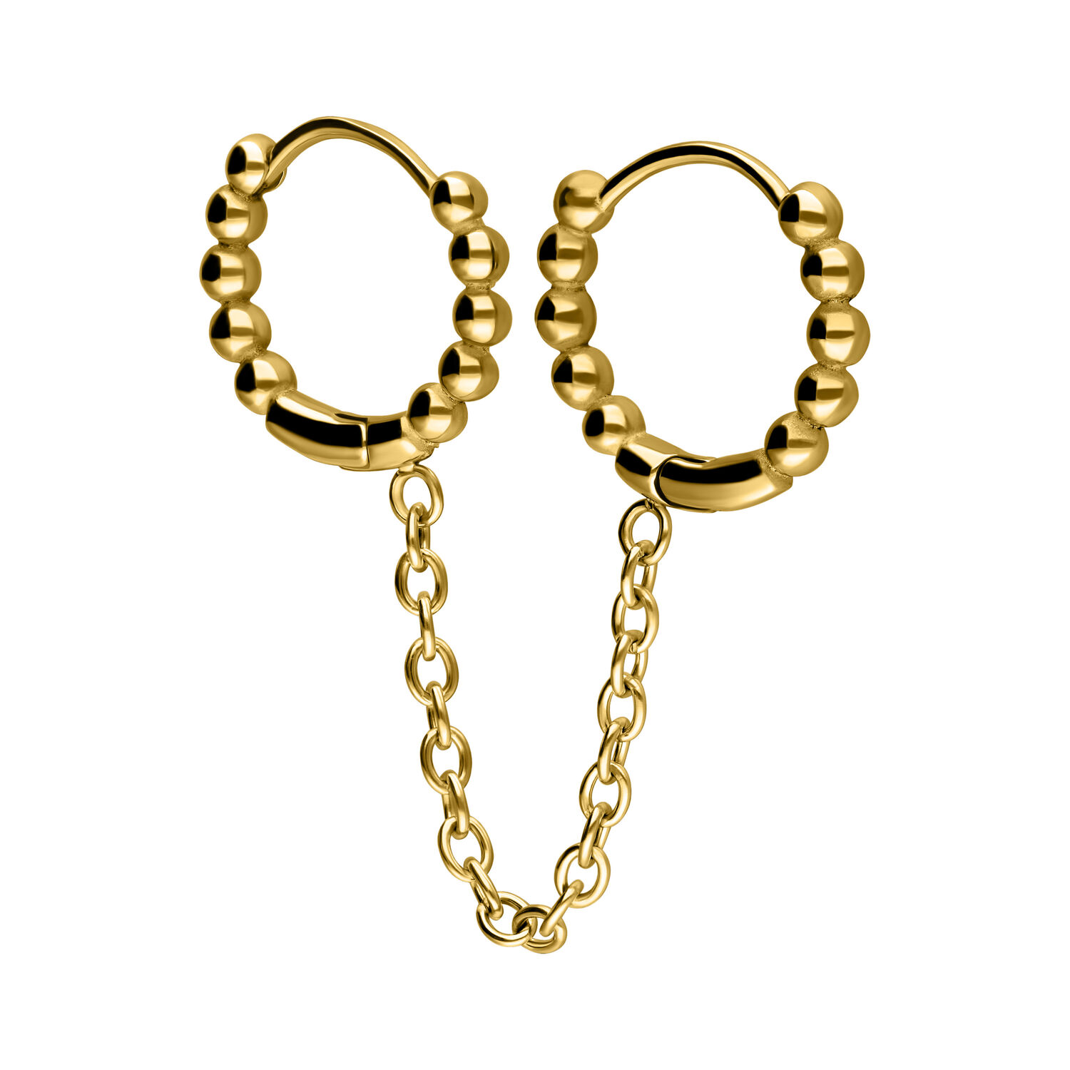Orecchini piercing dorati con design a sfera e catena di collegamento su sfondo bianco