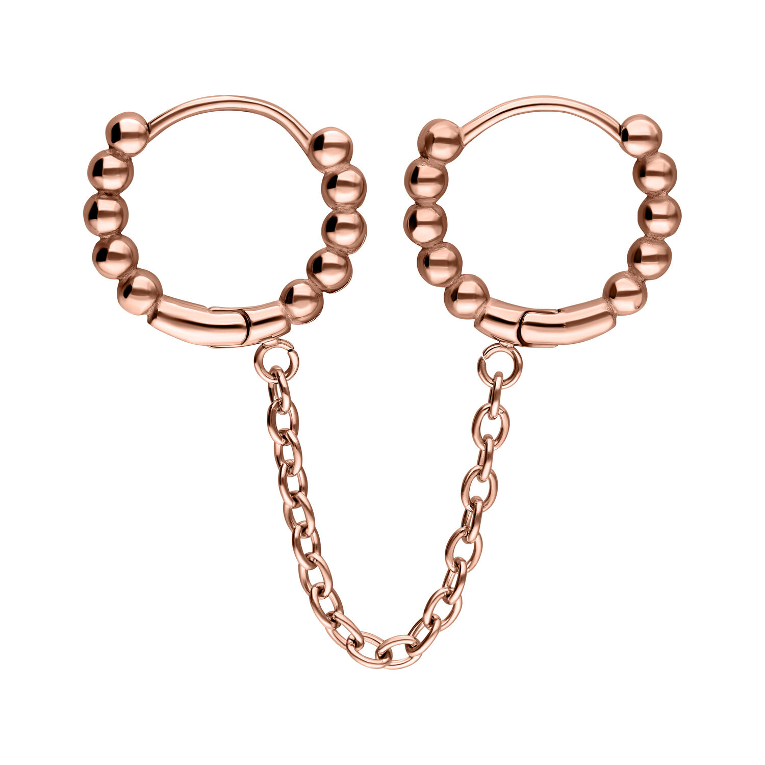 Anelli Helix Double Huggie in oro rosa con dettaglio a catena su sfondo bianco