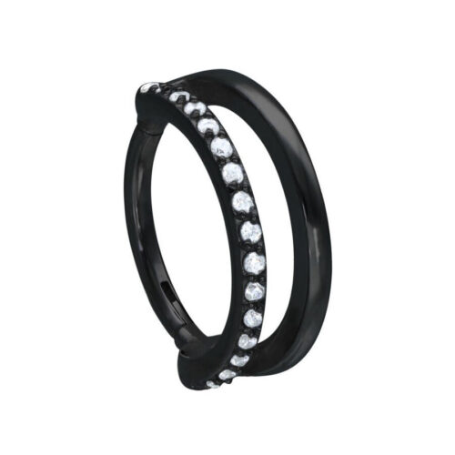 Anello piercing nero con cristalli, 12,0 mm, su sfondo bianco