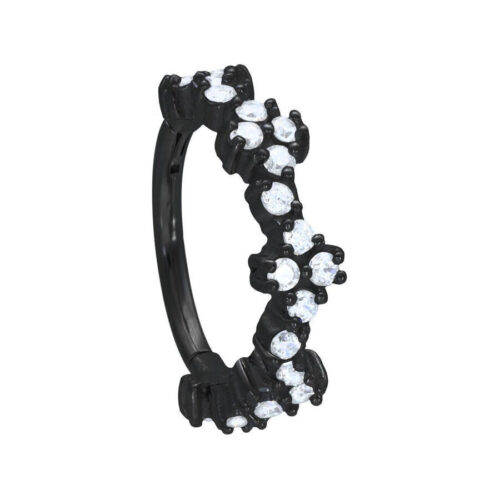 Anello piercing nero in acciaio chirurgico con cristalli chiari, 12mm