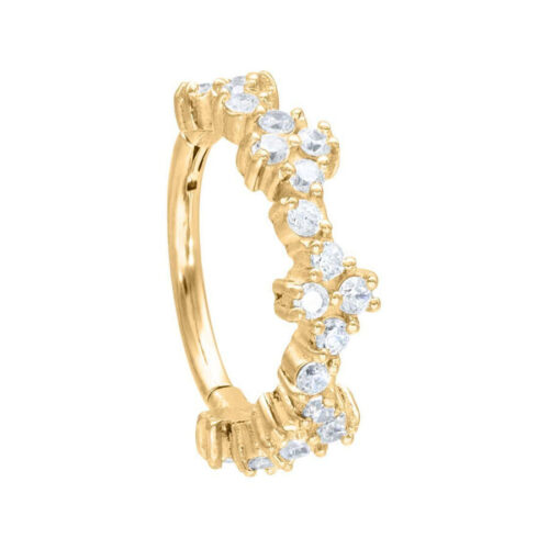 Anello piercing dorato, 12mm, con cristalli chiari su sfondo bianco