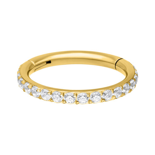 Anello Conch dorato, pavé con cristalli bianchi, spessore 1,2 mm, diametro 14 mm