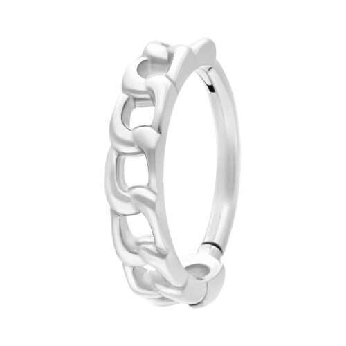 Clicker a catena curb in argento in acciaio chirurgico su sfondo bianco