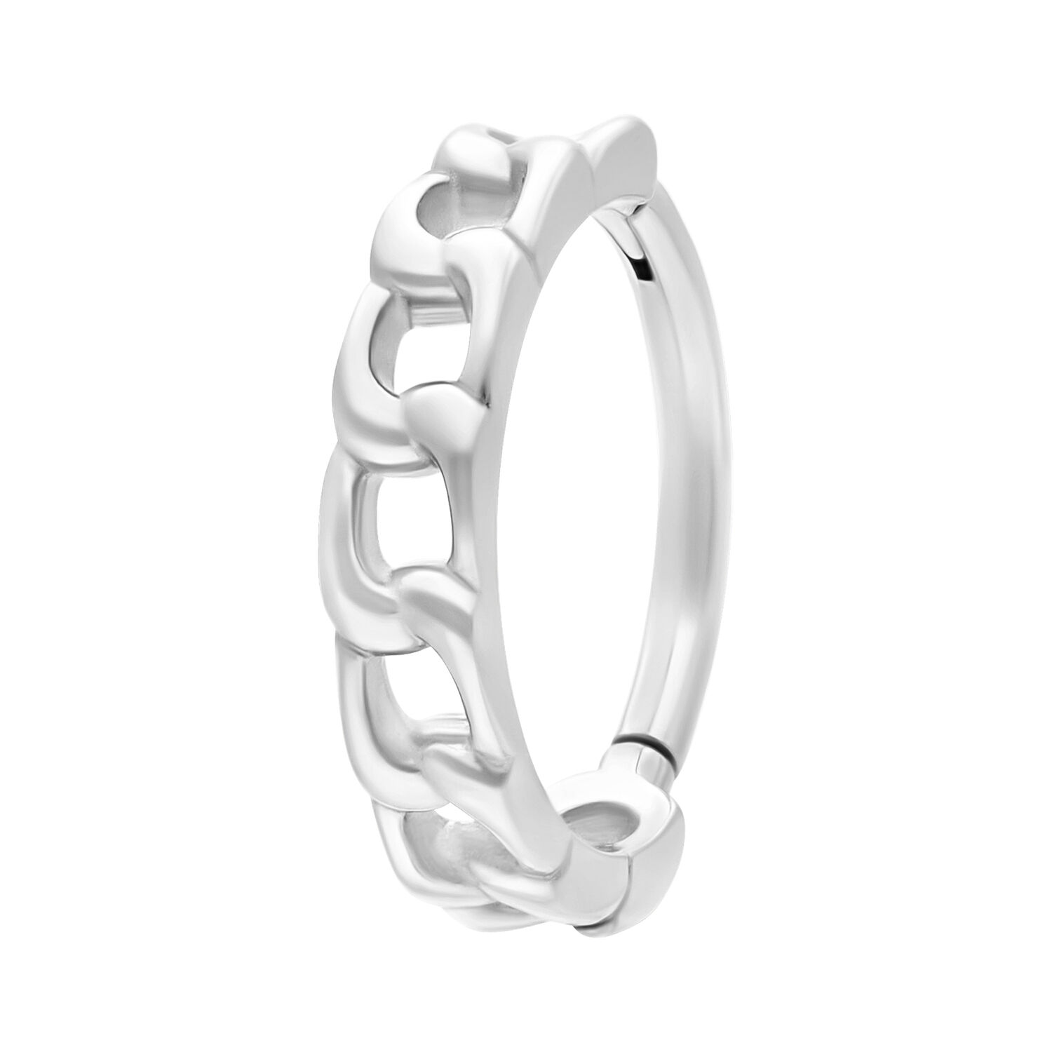 Clicker a catena curb in argento in acciaio chirurgico su sfondo bianco