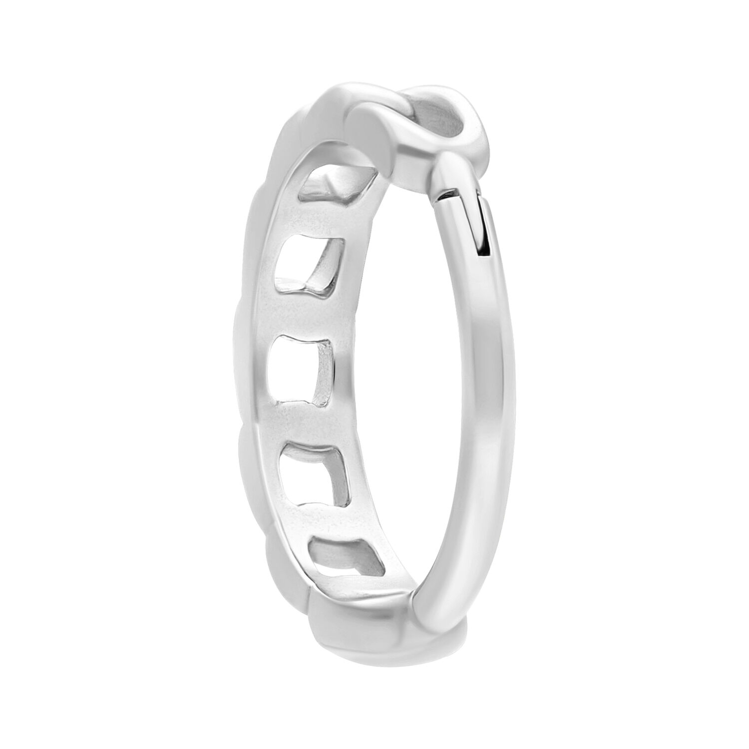 Clicker a catena curb in argento con diametro interno di 8,0 mm su sfondo bianco
