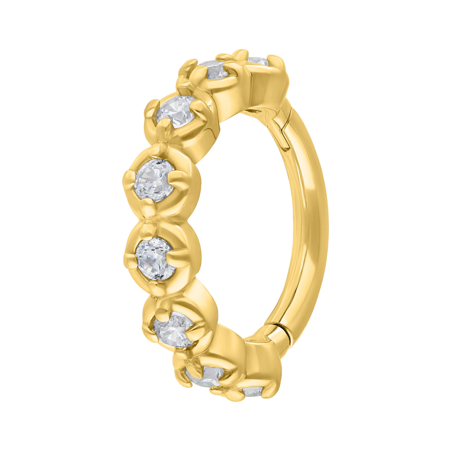 Anello Hinged dorato in acciaio chirurgico con cristalli chiari su sfondo bianco