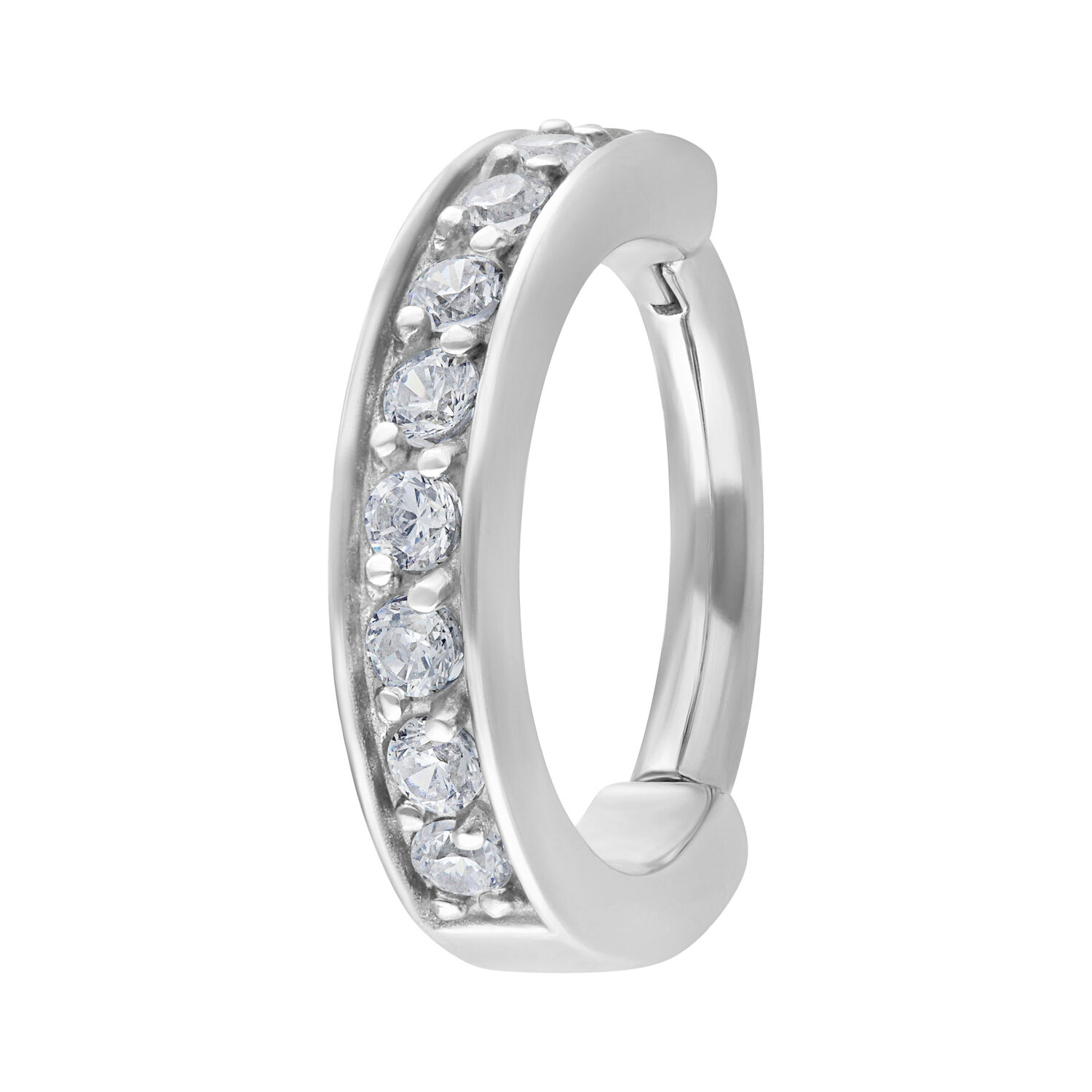 Hinged Ring color argento con cristalli chiari su sfondo bianco