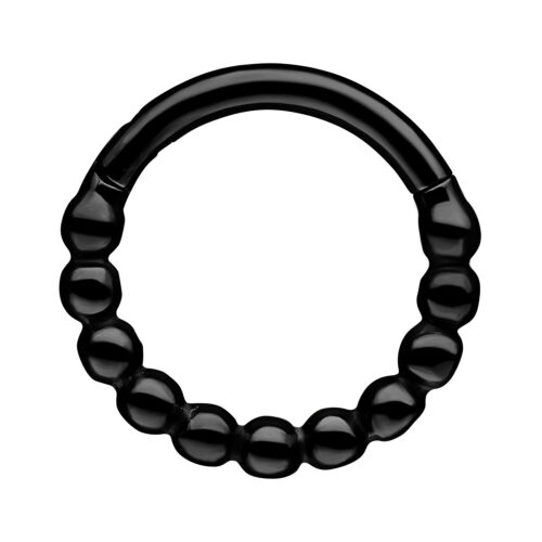 Clicker a catena con sfere nero in acciaio chirurgico con diametro interno di 6,0 mm su sfondo bianco