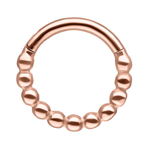 Clicker a catena a sfera in oro rosa con diametro interno di 6,0 mm su sfondo bianco