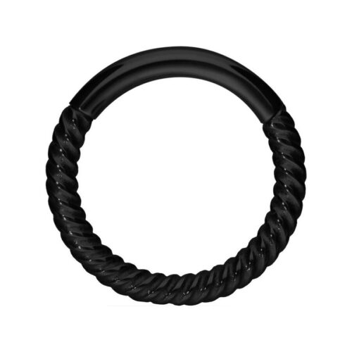 Anello piercing nero, 10mm, catena intrecciata, su sfondo bianco