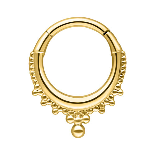 Anello piercing dorato con design a corona, in acciaio chirurgico su sfondo bianco