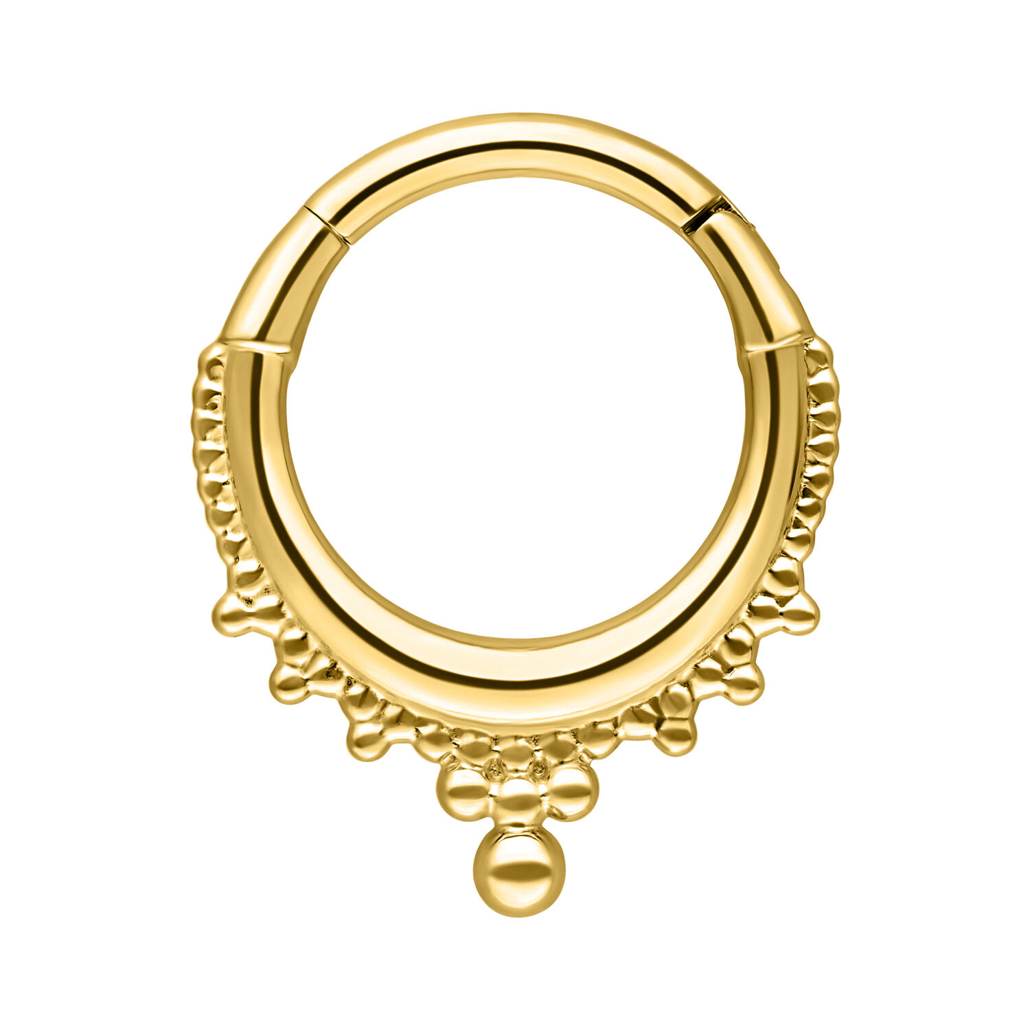 Anello piercing dorato con design a corona, in acciaio chirurgico su sfondo bianco