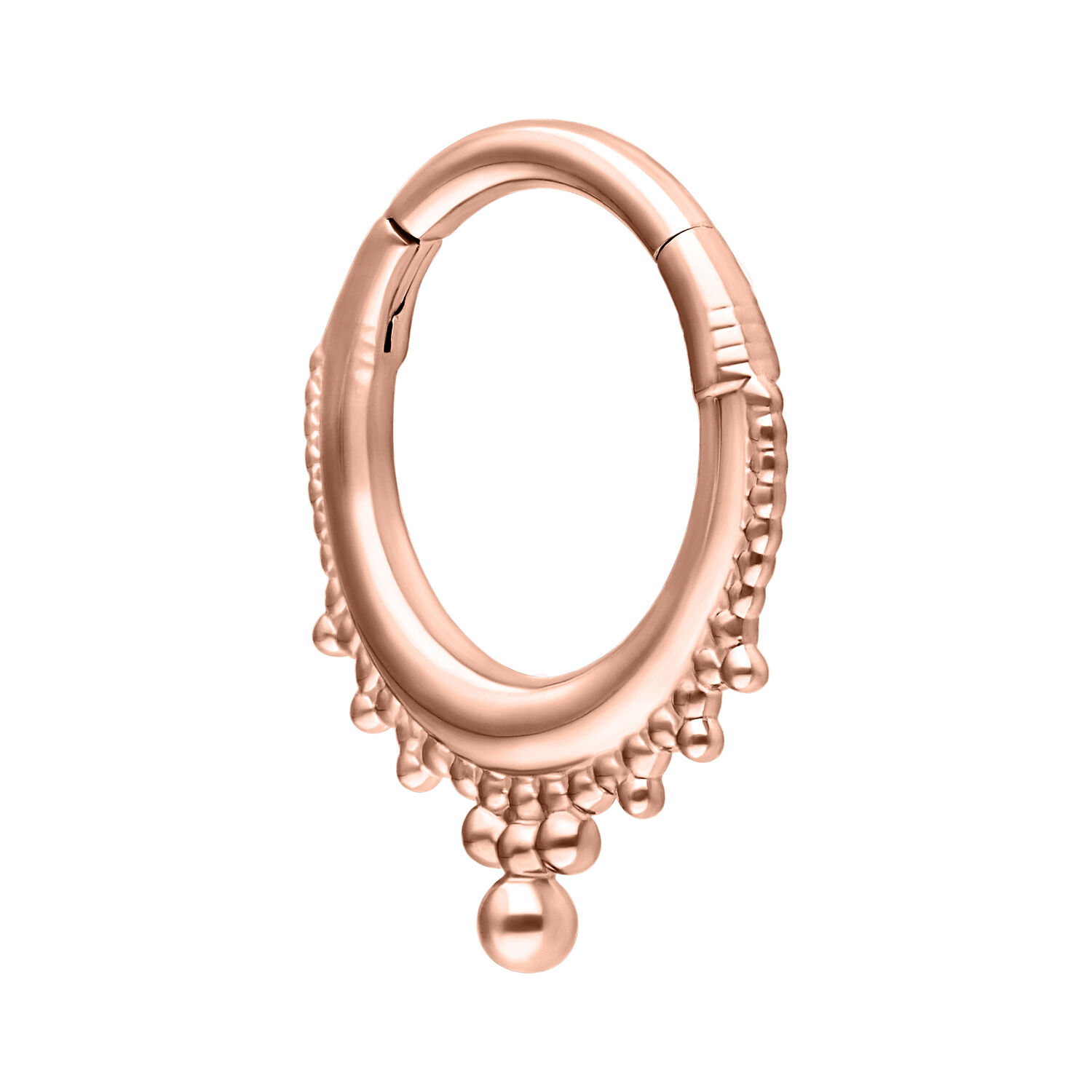 Anello piercing Crown Clicker in oro rosa con design a sfera su sfondo bianco