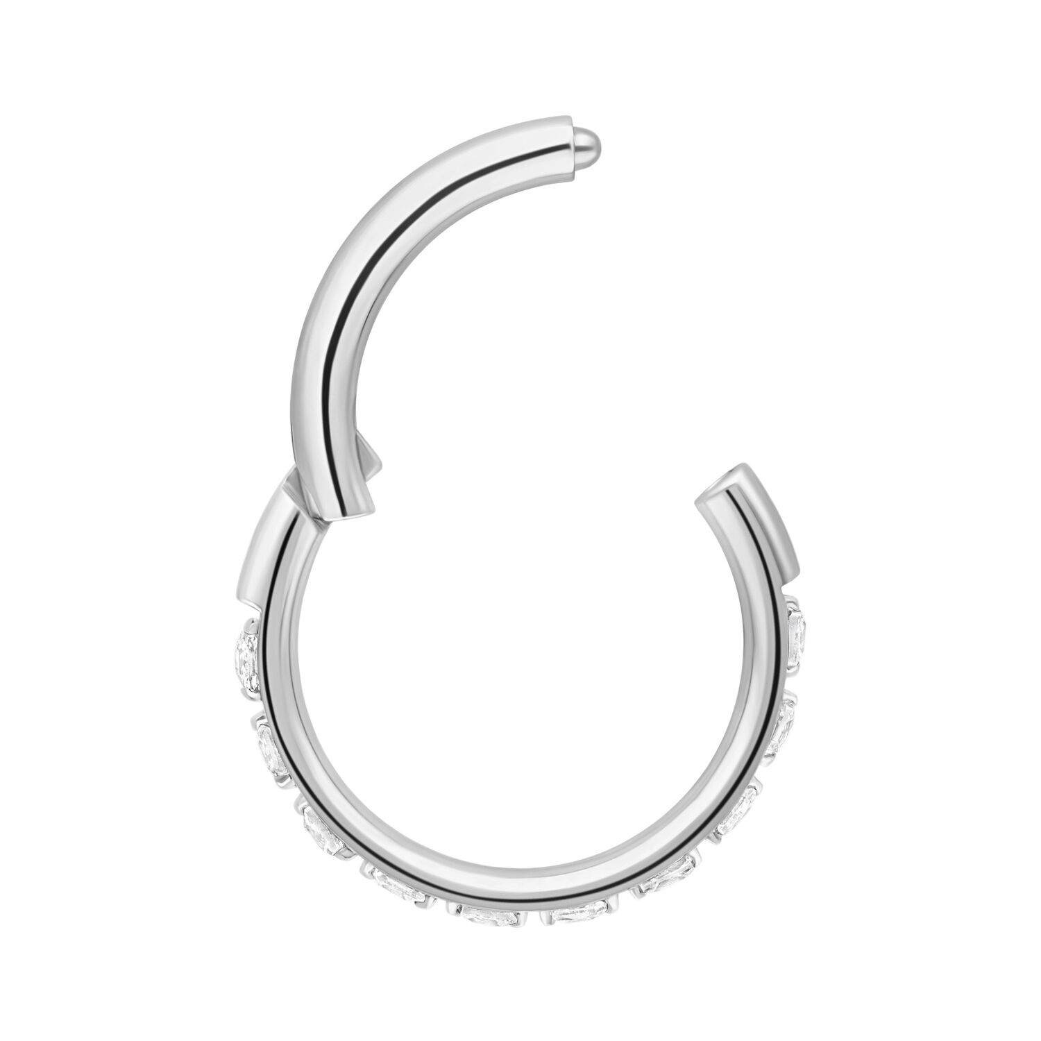 Anello piercing clicker in argento con cristalli, 10 mm, su sfondo bianco