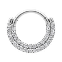 Anello piercing in argento con due file di cristalli chiari su sfondo bianco