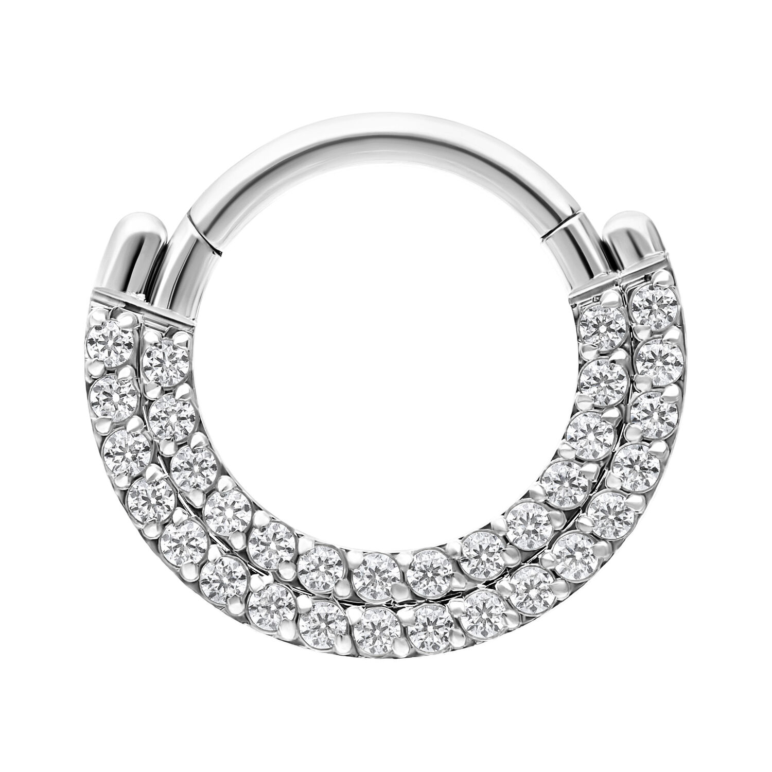 Anello piercing in argento con due file di cristalli chiari su sfondo bianco