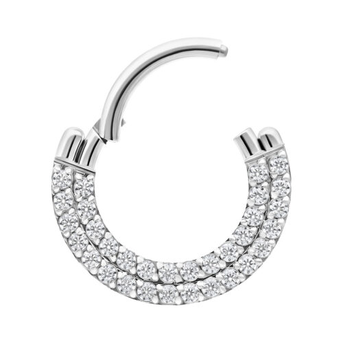 Anello piercing argento con doppia fila di cristalli su sfondo bianco