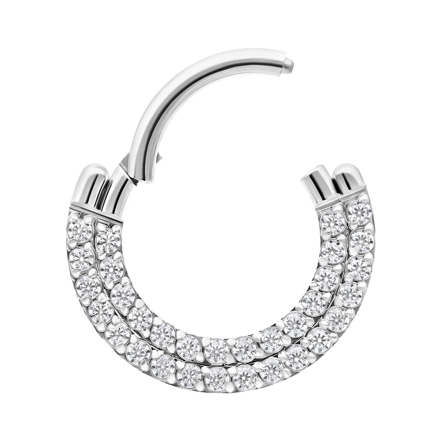 Anello piercing argento con doppia fila di cristalli su sfondo bianco