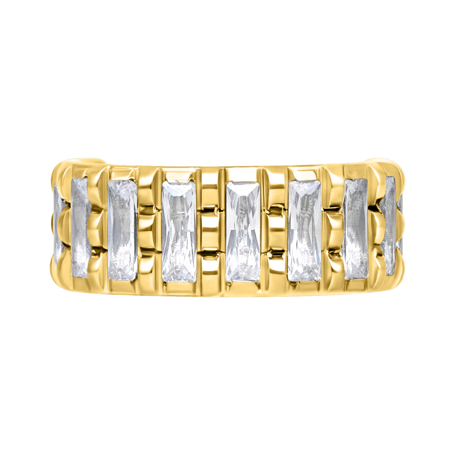 Anello piercing dorato con cristalli baguette chiari su sfondo bianco