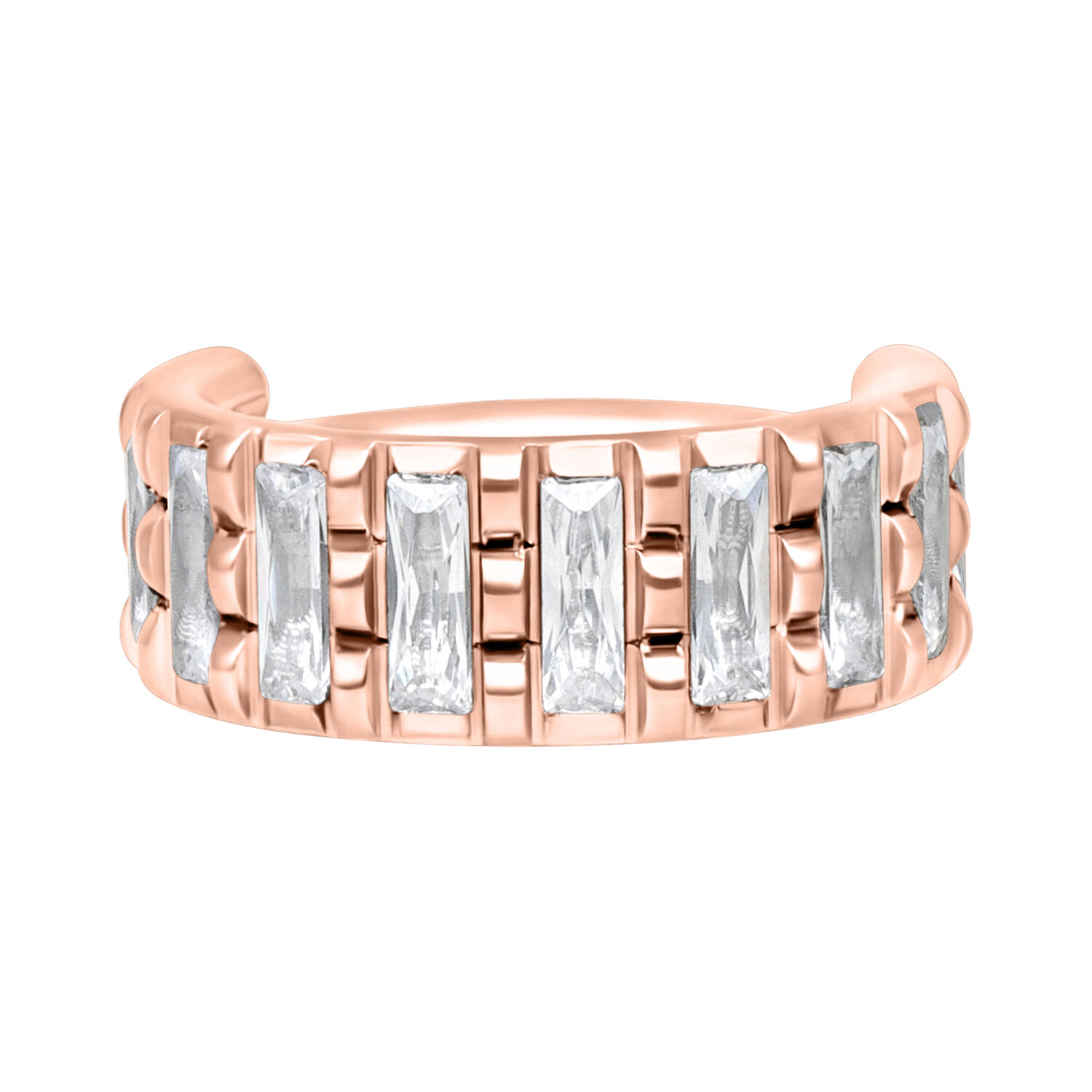 Anello piercing in oro rosa con cristalli chiari su sfondo bianco