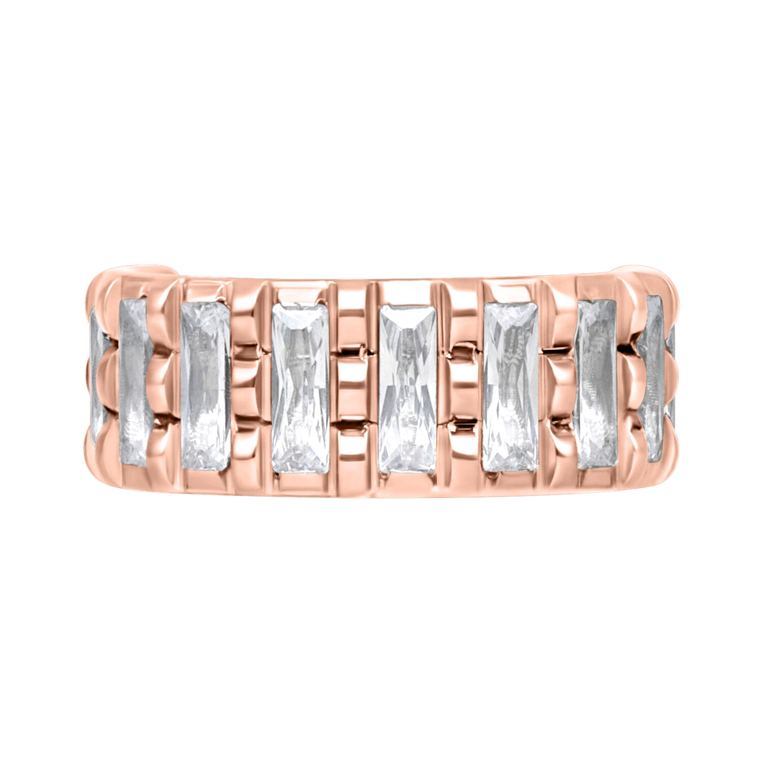 Baguette Crystal Clicker piercing in oro rosa con cristalli chiari su sfondo bianco