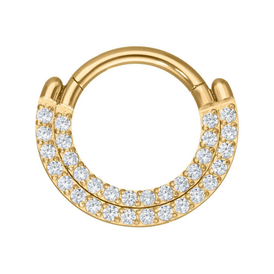Anello piercing dorato con due file di cristalli chiari su sfondo bianco