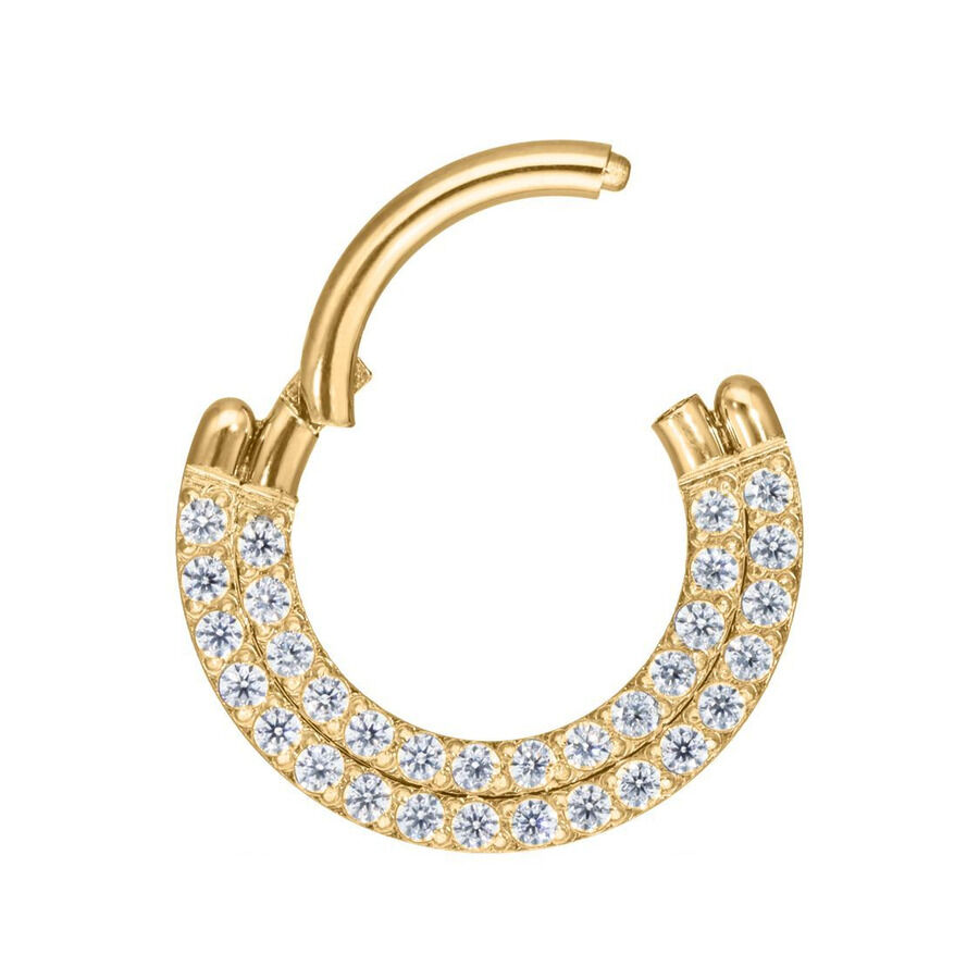 Anello piercing dorato con due file di cristalli chiari su sfondo bianco