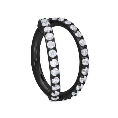 Anello piercing nero con due file di pietre cristalline su sfondo bianco