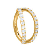 Clicker doppio cristallo dorato con cristalli Anello piercing dorato con doppia fila di cristalli su sfondo bianco