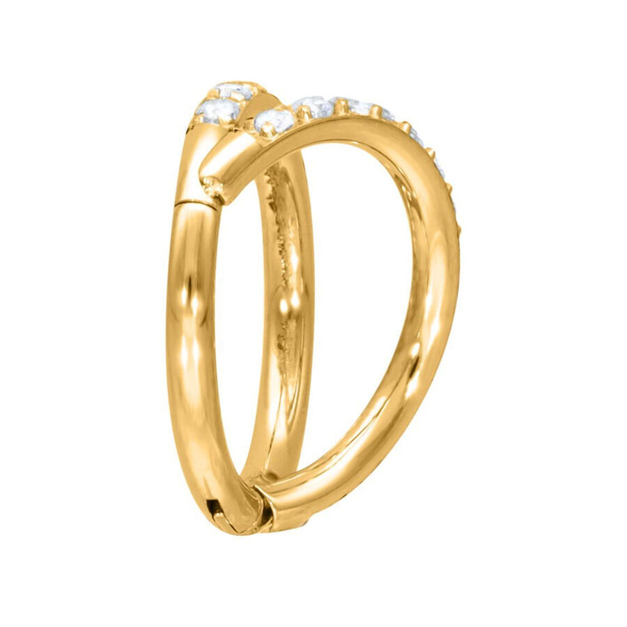 Clicker Piercing Doppio Cristallo Oro Anello clicker dorato con cristalli chiari su sfondo bianco
