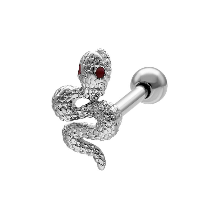 Barbell a serpente argentato con motivo a serpente e dettaglio rosso su sfondo bianco